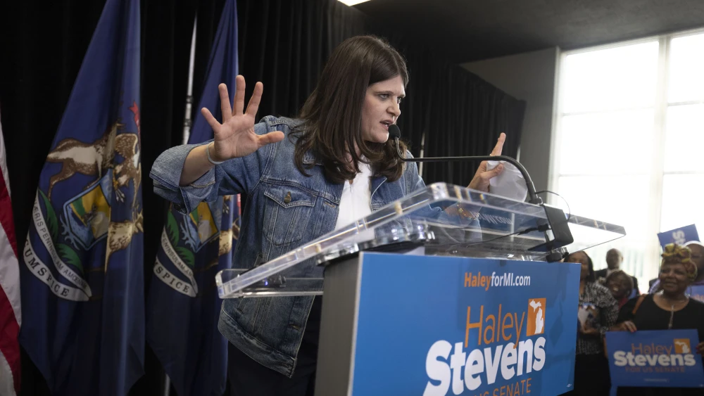 Rep. Haley Stevens (D-Mich.), a candidate for Michigan's open U.S. Senate seat, hosts a "Meet and Greet" campaign event with Rep. Jim Clyburn (D-S.C.), former House majority whip, and Michigan Gov. Gretchen Whitmer at Michigan Conference-Teamsters in Detroit, on July 24, 2026. Credit: Bill Pugliano/Getty Images.