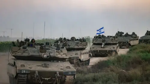A column of Israeli tanks near the border with Gaza, Oct. 12, 2023. Photo by Chaim Goldberg/Flash90.