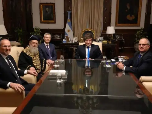 The Sephardi Chief Rabbi of Israel David Yosef accompanied by Israeli Ambassador to Argentina Eyal Sela meets with Argentinian President Javier Milei at the Casa Rosada in Buenos Aires on Tuesday. Courtesy Argentinian President's office, November 11, 2025.
