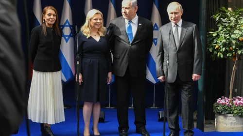 Israeli Prime Minister Benjamin Netanyahu, and his wife Sara, Yaffa Issachar (left) and Russian President Vladimir Putin, at the Prime Minister's Residence in Jerusalem, on Jan. 23, 2020. Yaffa Issachar's daughter, Naama, is serving a seven-and-half-year sentence in Russia on drug charges. Photo by Amos Ben Gershom/GPO.