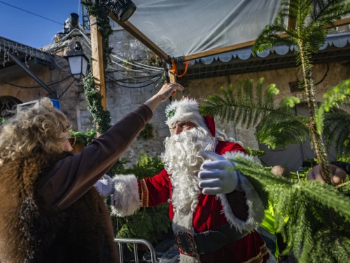 People carry Christmas trees at the New Gate in Jerusalem’s Old City during a Christmas tree distribution a few days ahead of the holiday, Dec. 18, 2025. Photo by Yonatan Sindel/Flash90.