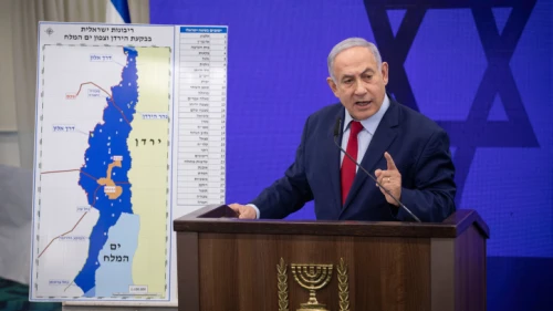 Israeli Prime Minister Benjamin Netanyahu delivers a statement to the press regarding the extension of Israeli sovereignty over the Jordan Valley and its Jewish settlements, Sept. 10, 2019. Credit: Hadas Parush/Flash90.