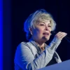 Roseanne Barr speaks at the March 28 “Stop the Boycott” conference in Jerusalem, which was hosted by Yediot Achronot/Ynet. Credit: Miriam Alster/Flash90.