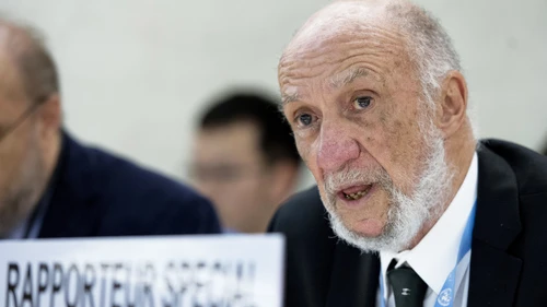 Click photo to download. Caption: The U.N. Human Rights Council holds an interactive dialogue with Richard Falk (pictured), its special rapporteur on Palestinian human rights, on June 10, 2013 in Geneva. Credit: UN Photo/Jean-Marc Ferré.