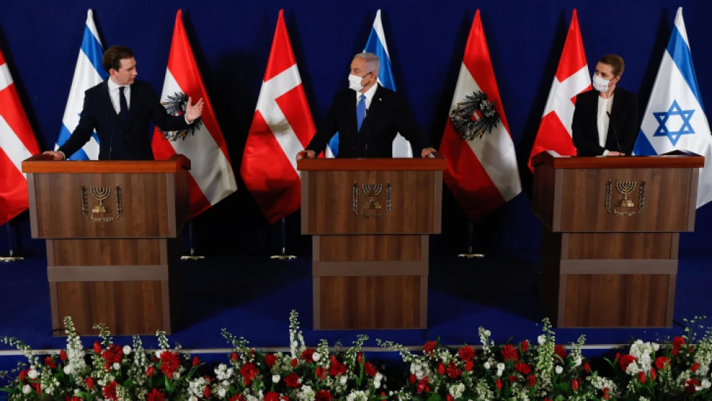From left: Chancellor of Austria Sebastian Kurz, Israeli Prime Minister Benjamin Netanyahu and Denmark’s Prime Minister Mette Frederiksen hold a press conference at the King David Hotel in Jerusalem on March 4, 2021. Photo by Olivier Fitoussi/Flash90.
