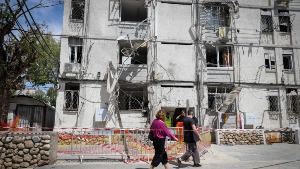 The scene where an apartment building was hit by a rocket fired from the Gaza Strip in the city of Ashkelon in southern Israel on May 5, 2019. Photo by Noam Rivkin Fenton/Flash90.