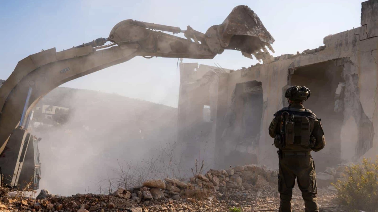 Israel Defense Forces soldiers demolish the Bruqin, Samaria home of Maher Samara, who carried out a May 14 terrorist shooting, Nov. 9, 2025. Credit: IDF.