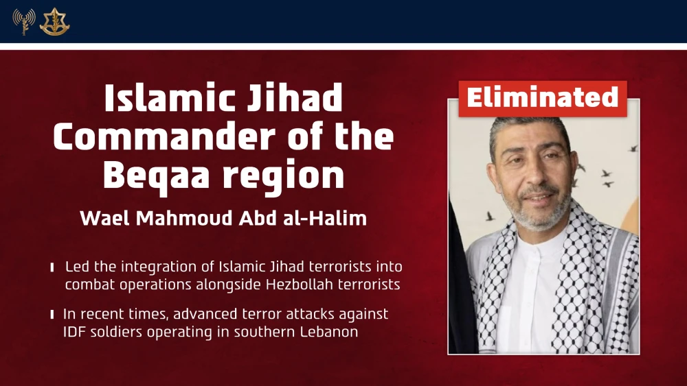 An Israel Defense Forces graphic names Wael Mahmoud Abd al-Halim as the Islamic Jihad commander for Lebanon’s Beqaa region, saying he integrated PIJ terrorists into Hezbollah operations and advanced attacks on IDF troops in Southern Lebanon. Credit: IDF.