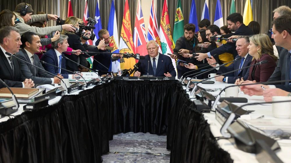 Ontario Premier Doug Ford speaks to the media during a photo opportunity at Canada's Premiers Conference in Toronto, Ontario, Dec. 16, 2024. Credit: Geoff Robins/AFP via Getty Images.