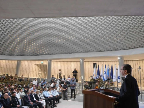 Israeli President Isaac Herzog addresses the state ceremony at the National Memorial Hall For Israel's Fallen at Mount Herzl in Jerusalem marking 19 years since the Second Lebanon War, July 10, 2025. Photo by Amos Ben Gershom/GPO.