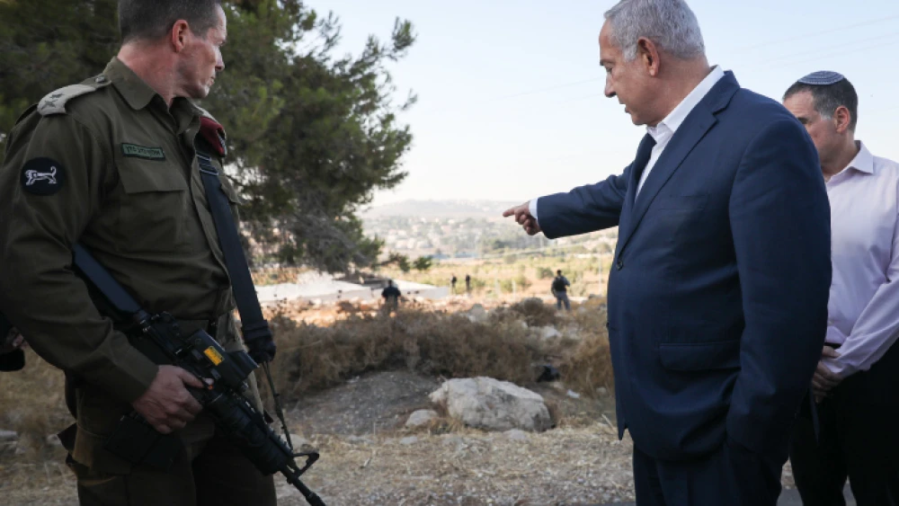 Israeli Prime Minister Benjamin Netanyahu visits the location where yeshivah student Dvir Sorek's body was found near Migdal Oz in Gush Etzion on Aug. 8, 2019. Photo by Noam Revkin Fenton/Flash90.