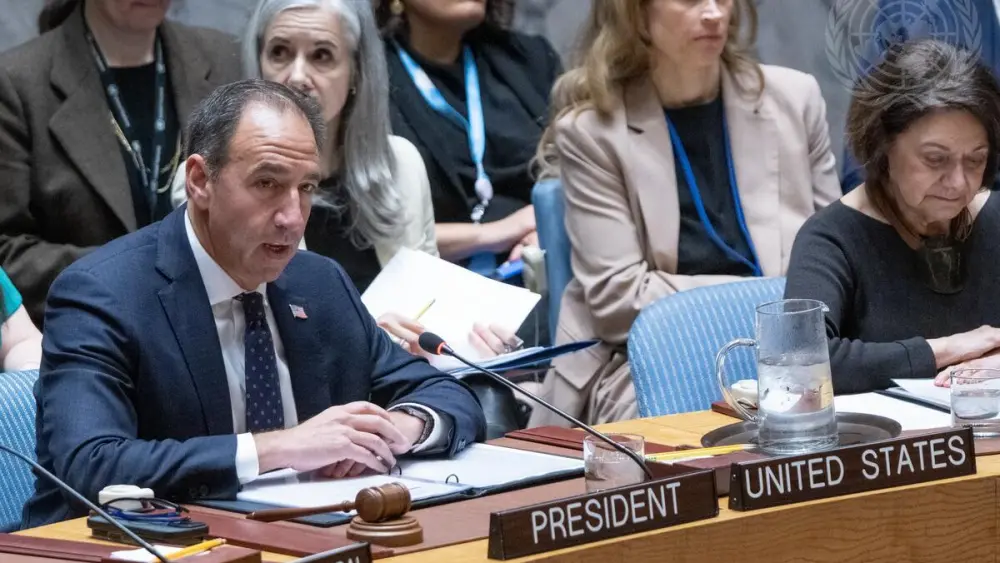 Jeff Bartos, U.S. representative for U.N. Management and Reform, chairs the U.N. Security Council meeting on the situation in the Middle East, at the U.N. headquarters in New York City, March 11, 2026. Credit: Eskinder Debebe/UN Photo.
