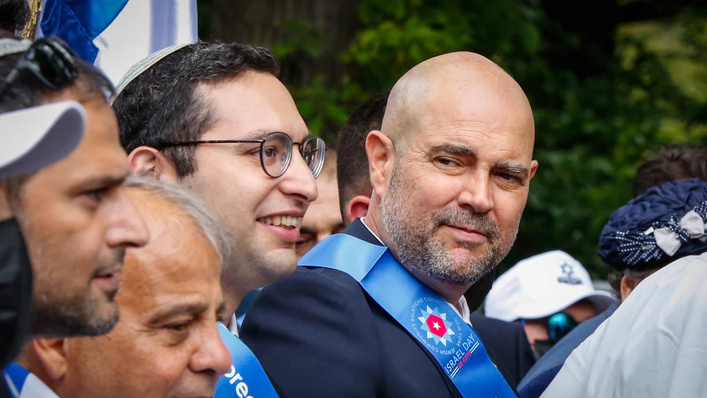 Knesset Speaker Amir Ohana, right, with a delegation of Knesset members marches along Fifth Avenue during the Israel Day Parade in New York on May 31, 2026. Photo by kena betancur / AFP via Getty Images.