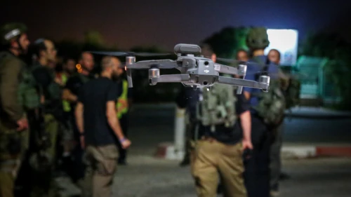 Illustrative: A drone is seen in flight during a joint drill of the Israel Defense Forces and the emergency squad of the town of Efrat in Gush Etzion on Aug. 28, 2019. Photo by Gershon Elinson/Flash90.