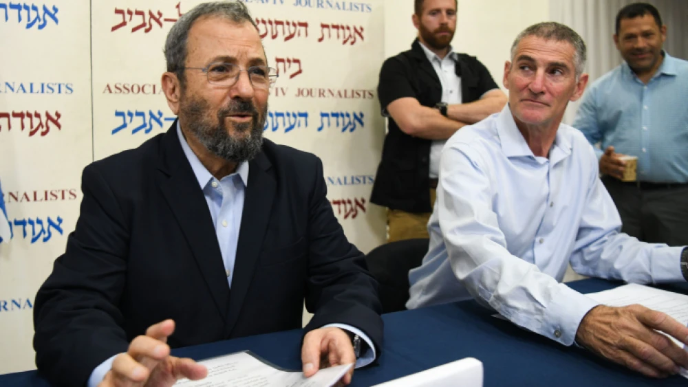 Former prime minister Ehud Barak and retired Maj. Gen. Yair Golan attend a press conference in Tel Aviv on June 26, 2019. Photo by Flash90.