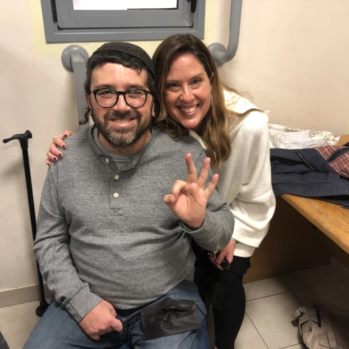 Efrat residents Eitan and Leora Ashman, March 2022. Eitan Ashman suffers from aphasia, a condition which prevents him from communicating normally, following a stroke in 2017. Photo: Josh Hasten.