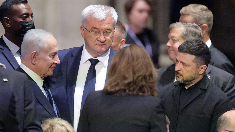 Israeli Prime Minister Benjamin Netanyahu, Ukrainian Foreign Minister Andrii Sybiha and Ukrainian President Volodymyr Zelensky attend the funeral of the late U.S. Sen. Lindsey Graham, R-S.C., at Washington National Cathedral on July 28, 2026, in Washington. Photo by Chip Somodevilla/Getty Images.