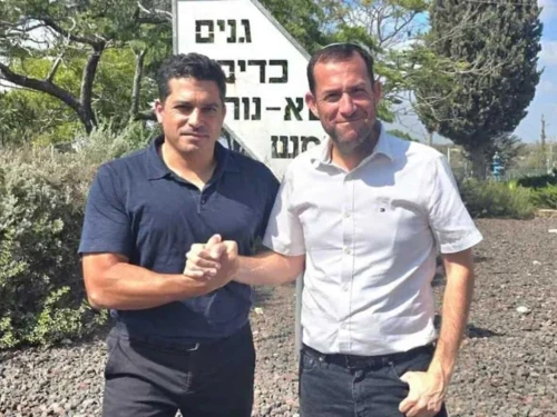 Israeli Diaspora Minister Amichai Chikli during a visit to Samaria alongside Samaria Regional Council head Yossi Dagan, Aug. 31, 2025. Photo by Roi Hadi/Samaria Regional Council.