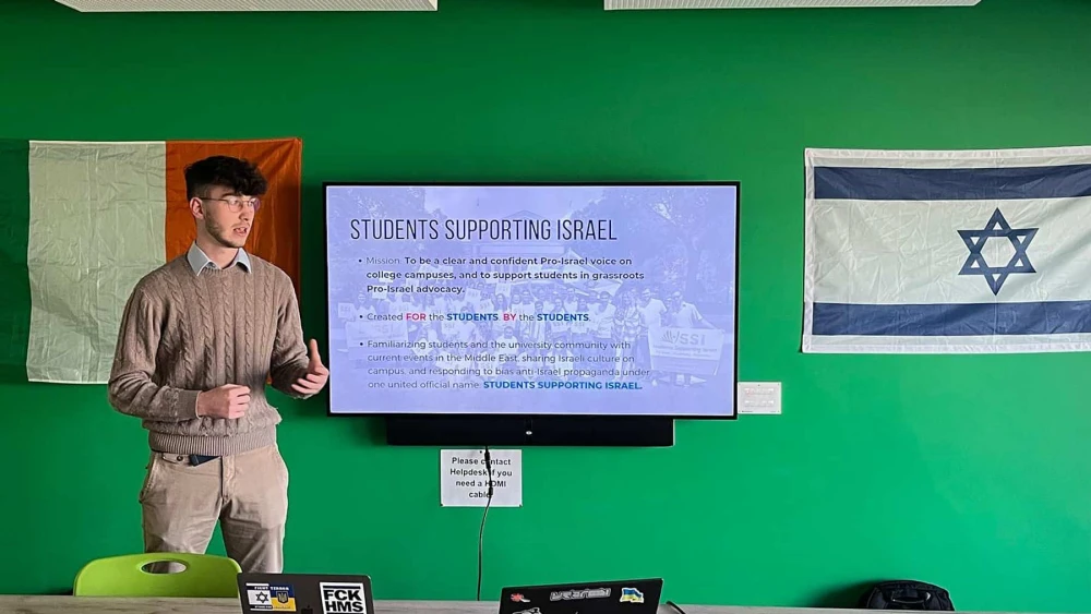Jamie O'Mahony speaks to stuents about Israel at the Dublin City University in Dublin, Ireland in March 2025. Photo courtesy of O'Mahony.