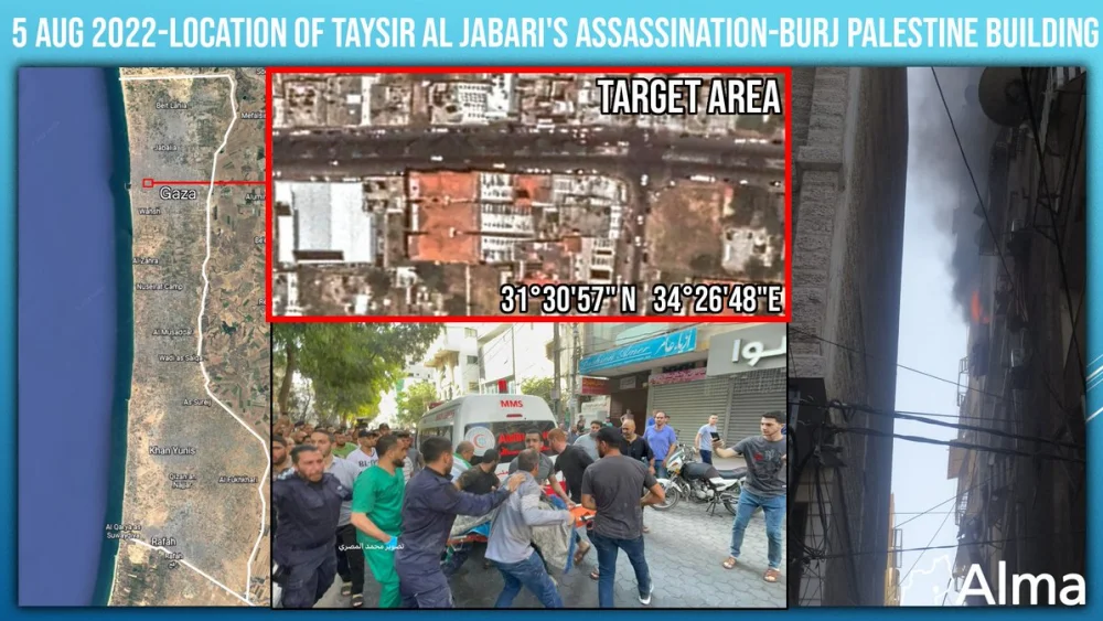 An image showing the location in Gaza of the airstrike targeting Palestinian Islamic Jihad commander Tayseer Jabari. Credit: Alma Center.