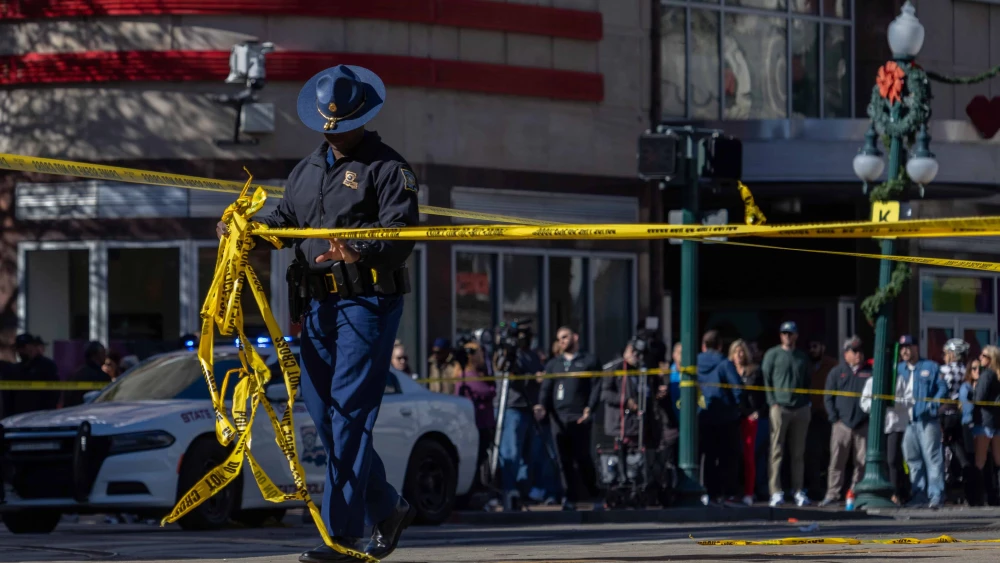 The scene near where a man drove a pickup truck into a crowd of people in the French Quarter of New Orleans on Jan. 1, 2025. Photo by Kathleen Flynn for “The Washington Post.”