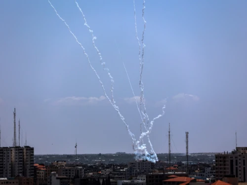 Terrorist groups launch rockets at Israel from the Gaza Strip, on May 13, 2023. Photo by Atia Mohammed/Flash90.
