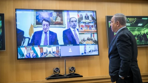 Israeli Prime Minister Benjamin Netanyahu holds a video conference with European leaders to discuss international cooperation in dealing with the coronavirus, at the Foreign Ministry in Jerusalem, on March 9, 2020. Photo by Yonatan Sindel/Flash90.