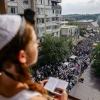Jewish men in the street during the Tikkun HaKlali recitation of Psalms near the tomb of Rabbi Nachman of Breslov in Uman, Ukraine, on the eve of Rosh Hashanah, Sept.15, 2023. Photo by Chaim Goldberg/Flash90.