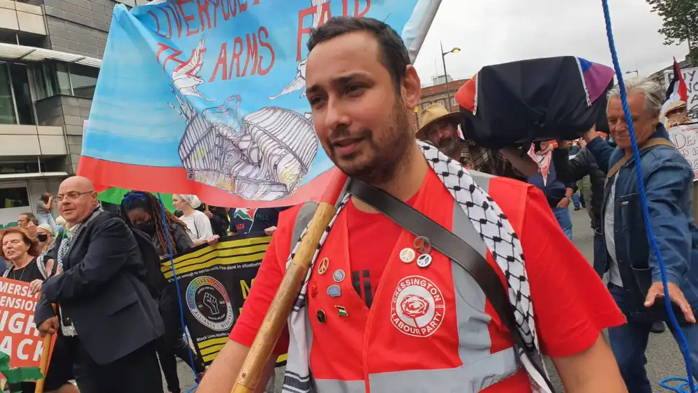British Labour Party councillor Sam Gorst at an anti-arms rally on Sept. 11, 2021. Source: Sam Gorst/Twitter.