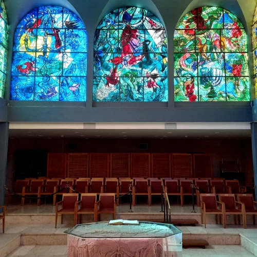 Chagall Windows depicting the tribes of Zebulon to Joseph above the bimah in the Abbell Synagogue. Photo by Ariella Green/all rights reserved to Hadassah.