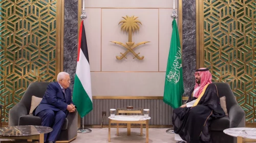 Palestinian Authority leader Mahmoud Abbas with Saudi Crown Prince Mohammed bin Salman in Jeddah, Saudi Arabia, April 18, 2023. Source: Saudi Foreign Ministry/Twitter.