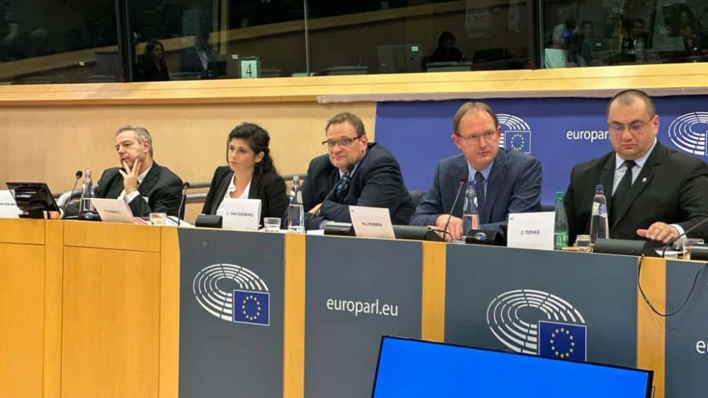 MK Sharren Haskel (second from left), co-chair of the Knesset’s Christian Allies Caucus, at the European Parliament in Brussels, Dec. 6, 2023. Credit: Courtesy.