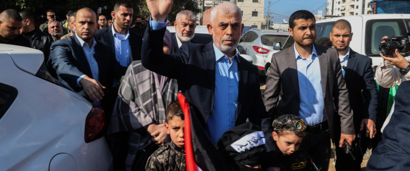 Yahya al-Sinwar, leader of Hamas in the Gaza Strip, at a rally in Gaza City marking the 35th anniversary of the Islamist movement, Dec. 14, 2022. Photo by Atia Mohammed/Flash90.