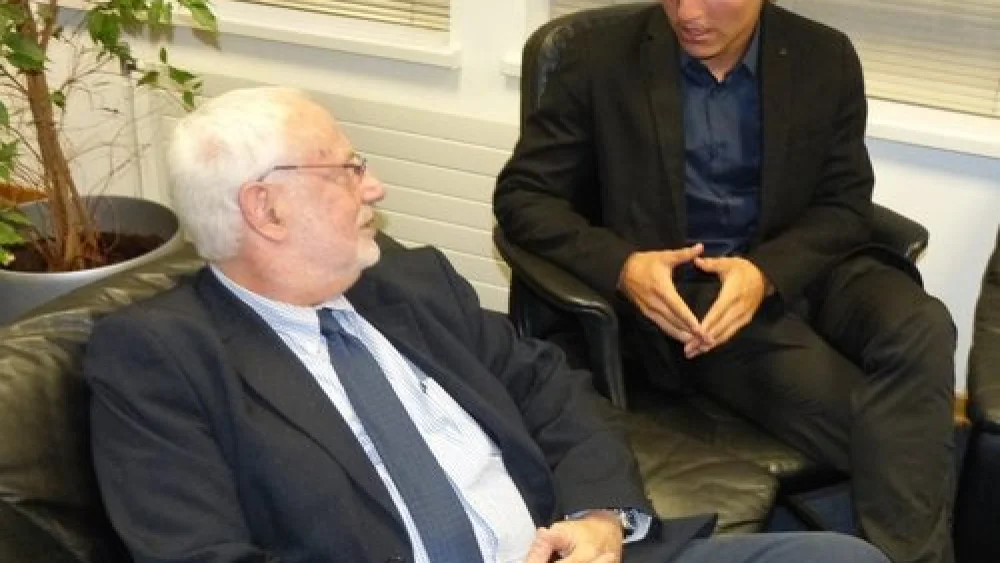 Tal Hagin (right) meets with Israeli Ambassador to Ireland Ze’ev Boker. Hagin conducted a speaking tour on Irish university campuses from Oct. 23-27, using Israel as a case study on overcoming media bias. Credit: Courtesy of CAMERA.