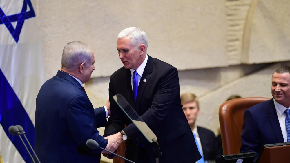 U.S. Vice President Mike Pence shakes hands with Israeli Prime Minister Benjamin Netanyahu at the Knesset, Jan. 22, 2018. Credit: Israleli Prime Minister Benjamin Netanyahu official Twitter page.