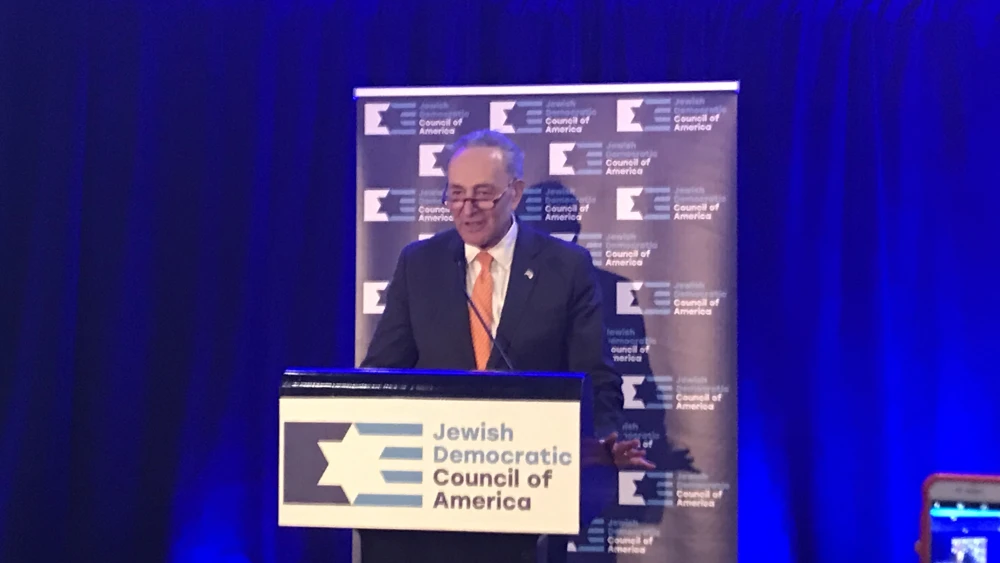 Senate Minority Leader Chuck Schumer (D-N.Y.) addresses a reception in Washington, D.C., hosted by the Jewish Democratic Council of America on Feb. 26, 2019. Credit: Jackson Richman/JNS.