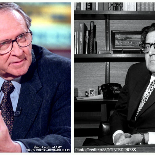 William Safire, left, and A.M. (“Abe”) Rosenthal. Credit: Alamy Stock Photo, Richard Ellis; Associated Press.