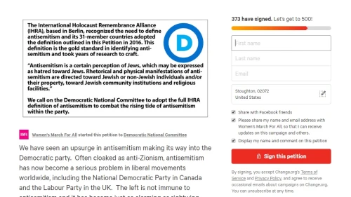 The Women's March for All petition calling on the Democratic National Committee to adopt the IHRA's anti-Semitism definition. Source: Screenshot.