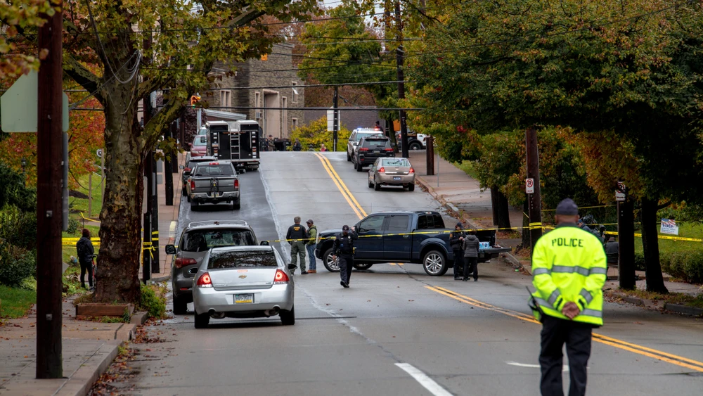 Local and state police secure the area around Tree of Life*Or L’Simcha Synagogue in Pittsburgh on Oct. 27, 2018. Credit: Shutterstock/Brendt A Petersen.