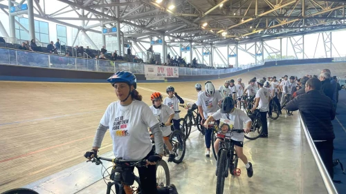 Cyclists join the solidarity ride at Tel Aviv's National Sylvan Adams National Velodrome marking 100 days of captivity for those being held by Hamas in Gaza, Jan. 14, 2024. Credit: Courtesy.