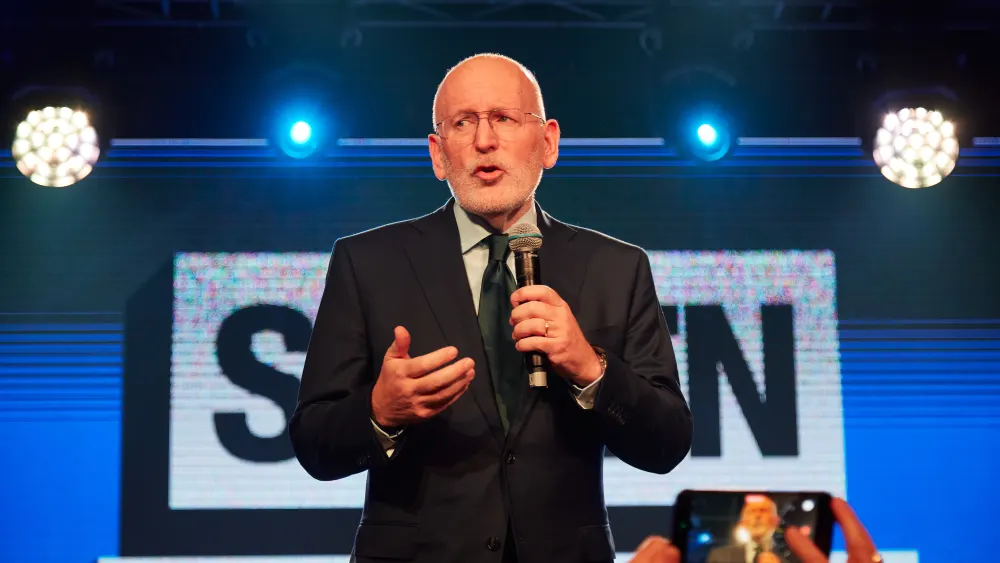 Dutch Minister of State Frans Timmermans speaks in Rotterdam, the Netherlands, on Oct. 29, 2025. Photo by Pierre Crom/Getty Images.