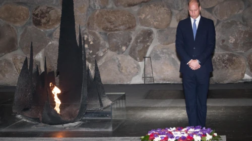 Prince William, Duke of Cambridge, lays a wreath during a ceremony at the Hall of Remembrance in the Yad Vashem Holocaust memorial in Jerusalem on June 26, 2018. Photo by Yonatan Sindel/Flash90.