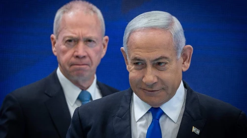 Then-Defense Minister Yoav Gallant (left) and Prime Minister Benjamin Netanyahu at an event honoring Israel's 75th Independence Day at the President's Residence in Jerusalem, April 26, 2023. Photo by Yonatan Sindel/Flash90.