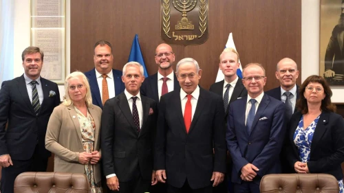 Prime Minister Benjamin Netanyahu hosts Swedish lawmakers in Jerusalem, Aug. 28, 2023. Photo by Amos Ben-Gershom/GPO.