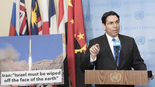 Israeli Ambassador to the United Nations Danny Danon speaks to the media ahead of U.N. Security Council consultations on a ballistic-missile launch by Iran. Credit: U.N. Photo/Mark Garten.