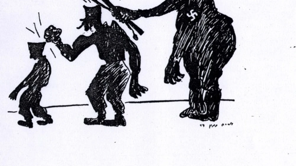 Jewish Palestine's most famous editorial cartoonist, Arie Navon of the newspaper Davar, drew this cartoon linking the Polish army situation to the Passover song "Had Gadya." The lyrics feature a cumulative series of larger animals chasing or eating smaller ones. In the cartoon, a Nazi beats a Polish officer, who then beats a Jewish soldier. Credit: Courtesy of The David S. Wyman Institute for Holocaust Studies.