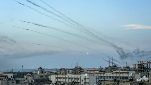 Hamas fires a large number of rockets toward Israel in the city of Rafah in the southern Gaza Strip, Oct. 7, 2023. Photo by Abed Rahim Khatib/Flash90.