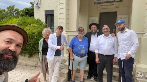 Noahides visit the Mishkan Shalom synagogue of Rabbi Bentsion Gagula, third from right, in Haifa on May 12, 2025. Photo credit: called the Embassy of the Nation of Ephraim.