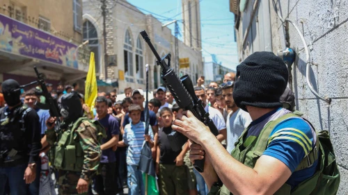 Palestinian terrorists at a funeral in Qalandiya, near Ramallah, July 3, 2015. Photo by Flash90.