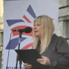 Marie van der Zyl speaks at a rally in London on Oct. 9, 2024. Credit: Courtesy of the Board of Deputies of British Jews.